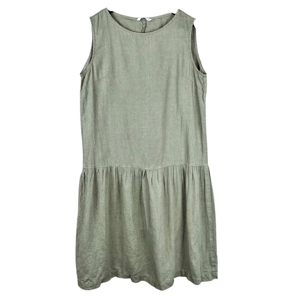 Linen Fox Dress Sleeveless Drop Waist 100% Linen Olive Green Euro Minimalist S/M